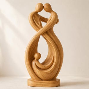 Puede incluir: Una escultura de madera de color marrón claro con tres figuras abstractas. Dos figuras más altas están de pie con los brazos entrelazados formando un bucle infinito, mientras que una figura más pequeña se encuentra en la base de la estructura.