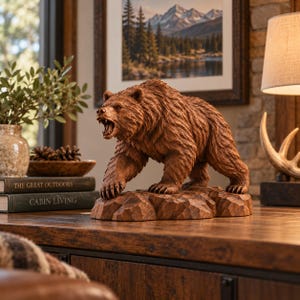 May include: A brown, carved wooden sculpture of a grizzly bear in a walking stance with its mouth open, revealing teeth. The bear is positioned on a textured, rock-like base, showcasing detailed fur texture and sharp claws on its paws.