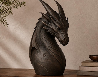Personalized Wooden Dragon Sculpture, Custom Fantasy Home Decor with Engraved Name and Date, Gothic Dragon Gift