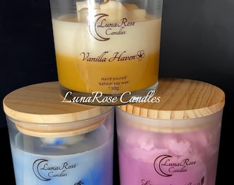 Velas de cera de soja: Vanilla Haven, Lavender Aura, Beach Please – Aromaterapia feita à mão