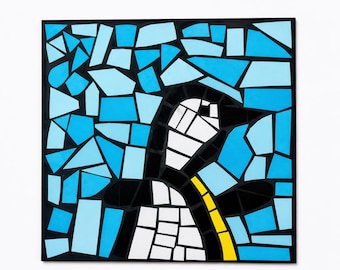Oeuvre d'art originale en mosaïque de pingouins - Art mural mosaïque en papier bleu et noir fait main