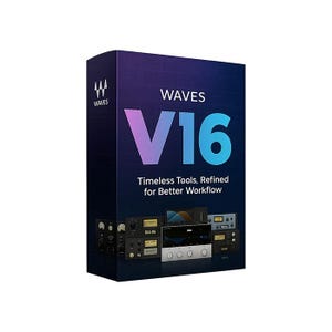Op de afbeelding: Een rechthoekige softwareproductdoos in donkerblauw met het Waves-logo in de linkerbovenhoek. De tekst luidt Waves V16 en Timeless Tools, Refined for Better Workflow. Het onderste gedeelte toont diverse afbeeldingen van digitale audio-interfaces.