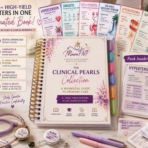 May include: A spiral-bound laminated book titled The Clinical Pearls Collection, featuring medical study posters on hypertension, sinusitis, and septic arthritis. The cover includes floral accents, a stethoscope, and text detailing clinical reference materials for nurse practitioners.