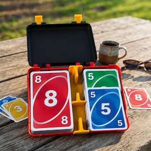 May include: A red plastic card game storage case with a black lid, containing two stacks of playing cards. The left stack shows a red card with the number 8, and the right stack shows a green card with the number 5 and a blue card with the number 5.