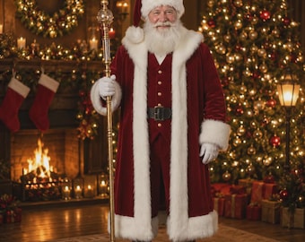May include: A Santa Claus figure wearing a deep red velvet coat and matching waistcoat with white faux fur trim, a red hat with a white pom-pom, white gloves, and black boots. The figure holds a tall, ornate gold staff with a clear crystal topper.