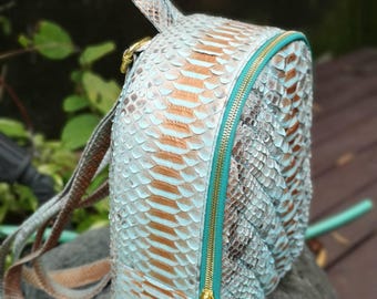 Light Turquoise Blue Python Backpack, Matte Reptile Leather Bag, Luxury Suede Daypack