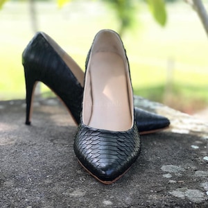 Bespoke Python Leather High Heels: Black exotic skin women casual shoes