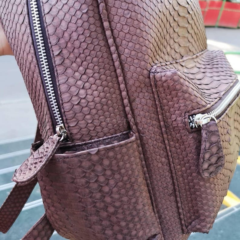 May include: A dark brown backpack featuring a textured snakeskin pattern across the entire exterior. The bag includes a main compartment with a silver metal zipper and a smaller front pocket with a matching silver zipper and a snakeskin pull tab.