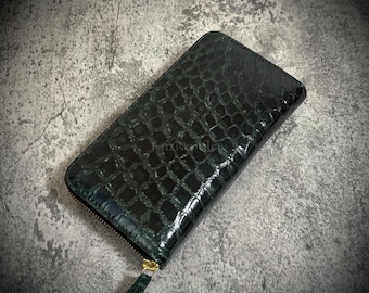 Portefeuille sur mesure en cuir d'alligator : pinces à billets en cuir exotique noir | Portefeuille à deux volets fait main
