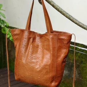 Bespoke Python Leather Handbag: Brown exotic skin top handle bag