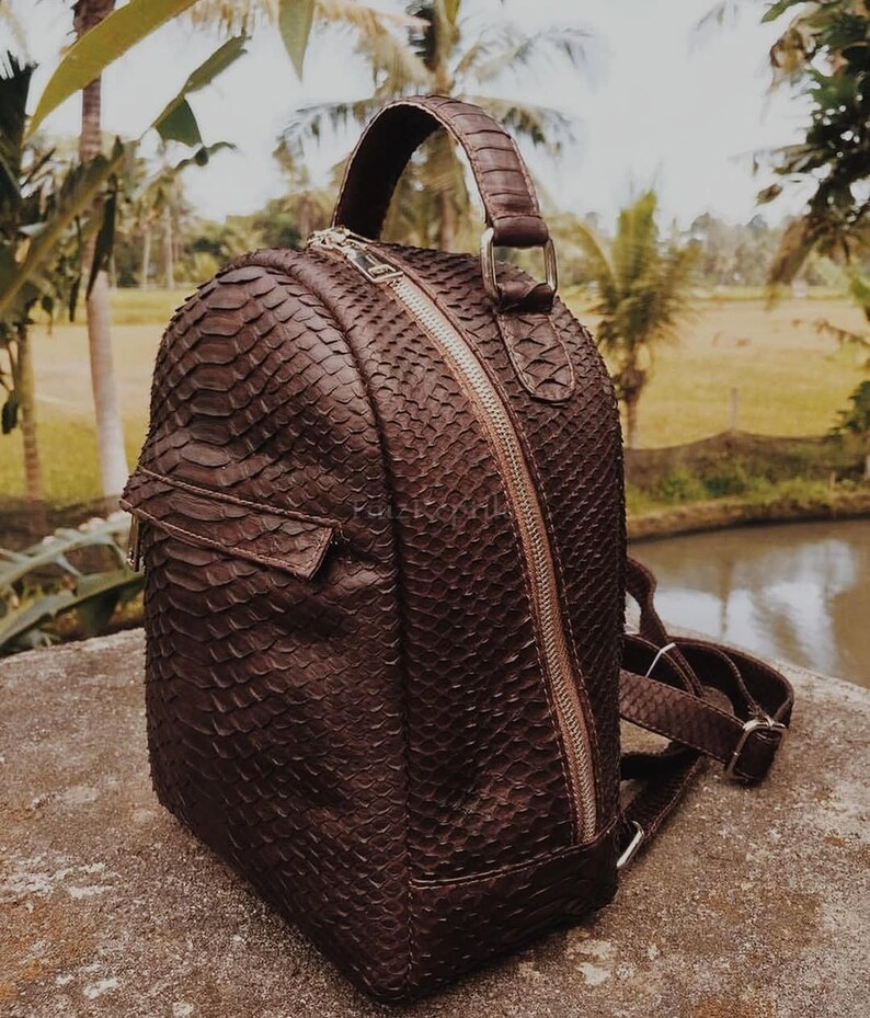 K&ouml;nnte beinhalten: Ein dunkelbrauner Rucksack mit einer strukturierten, schuppenartigen Oberfl&auml;che. Der Rucksack verf&uuml;gt &uuml;ber einen Tragegriff, ein vertikales Hauptfach mit Rei&szlig;verschluss, eine kleinere Fronttasche mit Rei&szlig;verschluss und verstellbare Schultergurte.