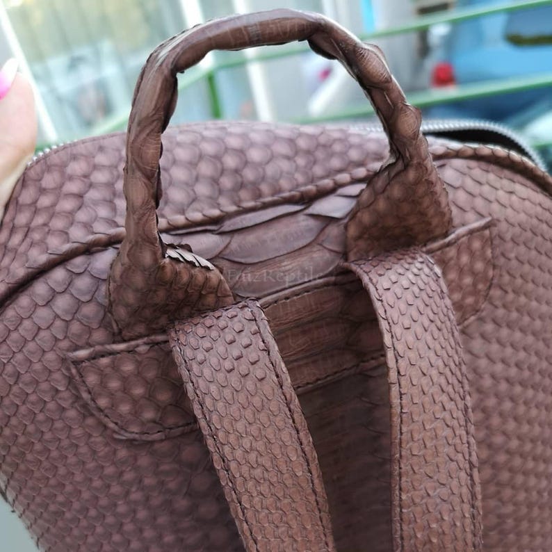 May include: A brown backpack featuring a textured, scale-like pattern across the entire surface. The bag includes a braided top handle and two matching shoulder straps. The material displays a consistent matte finish with visible scale details.