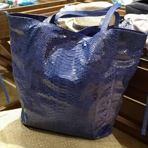 Può includere: Una borsa tote blu intenso caratterizzata da una distinta texture in pelle di serpente su tutta la superficie esterna. La borsa include due tracolle blu abbinate fissate sulla parte superiore, con un design aperto e una forma rettangolare.