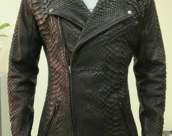 Chaqueta informal de piel de pitón real a medida: Blazer de piel exótica negra para hombre.