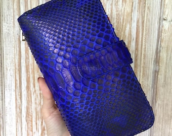 Portefeuille sur mesure en cuir de python : pinces à billets en cuir exotique bleu et vert foncé | Portefeuille à deux volets fait main