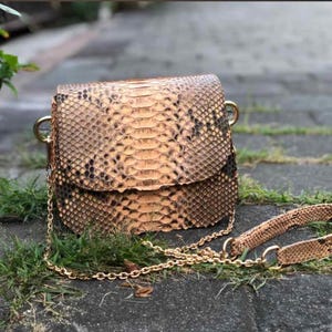 May include: A structured crossbody bag featuring a textured snakeskin pattern in shades of tan, beige, and dark brown. The bag includes a gold-tone metal chain strap and matching gold-tone hardware attachments on the sides of the main body.