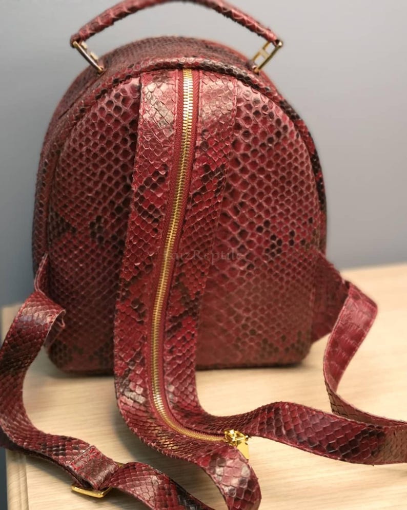 K&ouml;nnte beinhalten: Ein dunkelroter Rucksack mit einer strukturierten Schlangenledermusterung auf der gesamten Au&szlig;enseite. Die Tasche verf&uuml;gt &uuml;ber einen vertikalen, goldfarbenen Rei&szlig;verschluss in der Mitte, einen Tragegriff oben und verstellbare Schultergurte.