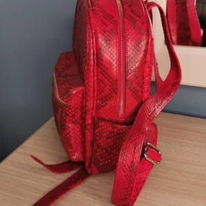 May include: A vibrant red backpack featuring a textured snakeskin pattern throughout. The bag includes a main zippered compartment, a smaller front zippered pocket, and adjustable shoulder straps with silver-toned metal hardware buckles.