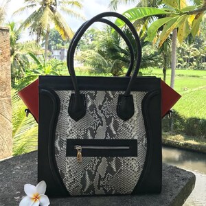 Bespoke Python Leather Handbag: Black exotic skin top handle bag