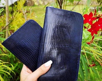 Bespoke Lizard Leather Wallet: Navy exotic skin money clips | Handmade bifold | Free Small Wallet