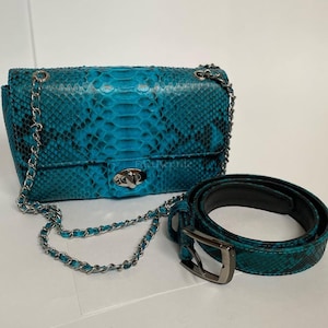 May include: A rectangular turquoise and black snakeskin-patterned handbag with a silver-toned metal chain strap and a central silver twist-lock closure, accompanied by a matching turquoise and black snakeskin-patterned belt with a silver buckle.
