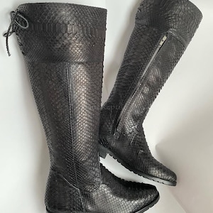 Bespoke Python Leather Cowboy Boots: Black exotic skin women shoes