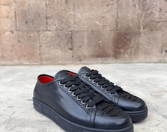 Bespoke Calf Mix Python Leather Sneakers: Black exotic skin unisex sport shoes