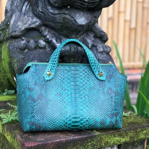 Bespoke Python Leather Handbag: Blue exotic skin top handle bag