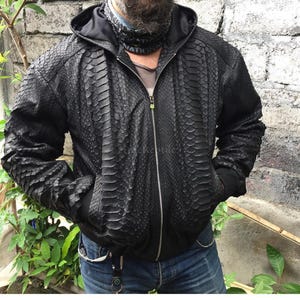 Bespoke King Python Hoodie Jacket Leather Casual Jacket: Black exotic skin men blazer