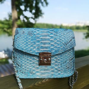 May include: A rectangular shoulder bag featuring a textured, light blue and white snakeskin pattern. The bag has a silver-toned metal push-lock closure on the front flap and a matching silver-toned metal chain strap attached to the sides.