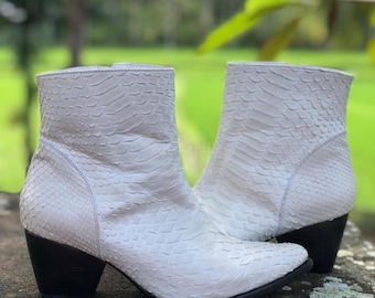 Bespoke Python Leather Ankle Boots: White exotic skin women shoes