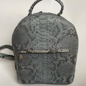 Puede incluir: Una mochila gris con un patrón texturizado de piel de serpiente en todo el exterior. La bolsa incluye un asa superior, un bolsillo frontal horizontal con cremallera y una franja de acento gris claro, además de un cierre principal de metal.