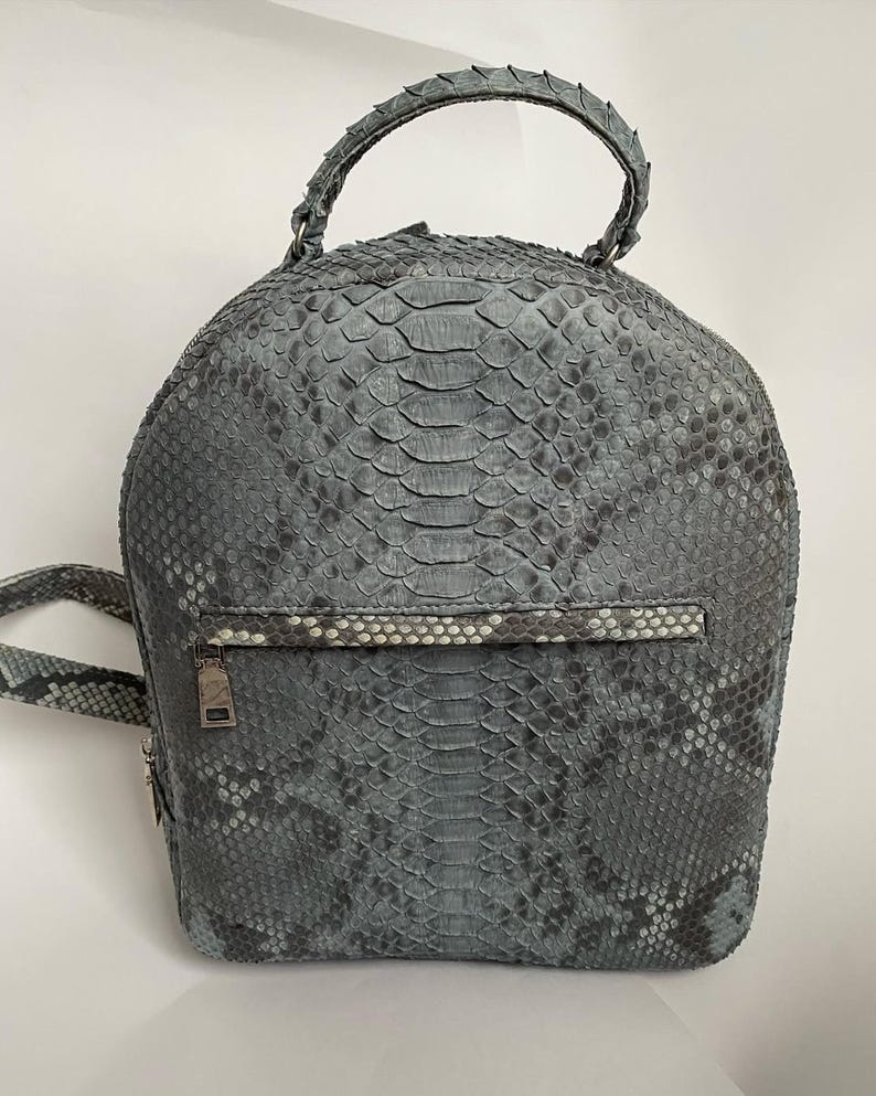 Pu&ograve; includere: Uno zaino grigio caratterizzato da una texture a pelle di serpente su tutto l'esterno. La borsa include un manico superiore, una tasca frontale orizzontale con cerniera e una striscia di colore grigio chiaro, e una chiusura principale in metallo.