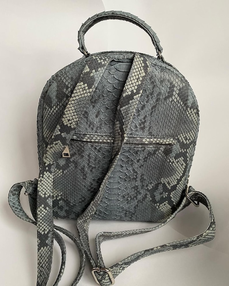 Pu&ograve; includere: Uno zaino con motivo a pelle di serpente grigio e bianco, caratterizzato da una parte superiore arrotondata, un manico superiore e spallacci regolabili. La borsa include una tasca orizzontale con cerniera sul retro con un piccolo cursore in metallo.