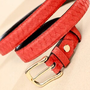 May include: A bright red belt featuring a textured snakeskin pattern across the strap. The belt includes a polished gold-tone metal buckle and a matching gold-tone metal stud on the belt loop, providing a secure and adjustable closure mechanism.