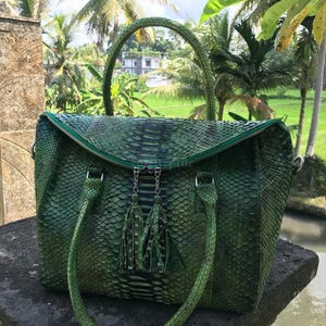 Bespoke Python Leather Handbag: Green exotic skin top handle bag