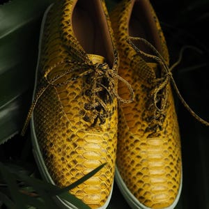 Bespoke Python Leather Sneakers: Yellow exotic skin unisex sport shoes