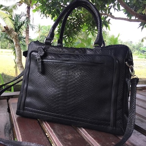 Bespoke Python Leather Handbag: Black exotic skin top handle bag