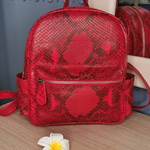Puede incluir: Una mochila de color rojo brillante con un patrón de piel de serpiente en rojo oscuro. La bolsa incluye un asa superior, correas ajustables para los hombros, dos bolsillos laterales y un compartimento frontal con cremallera y el texto PaizReptile.