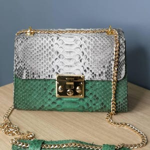 Bespoke Python Leather Shoulder Bag: Green Natural exotic skin Evening Clutch