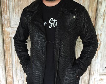Chaqueta informal de piel de pitón real a medida: Blazer de piel exótica negra para hombre.