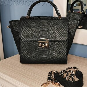 Bespoke Python Leather Handbag: Black exotic skin top handle bag