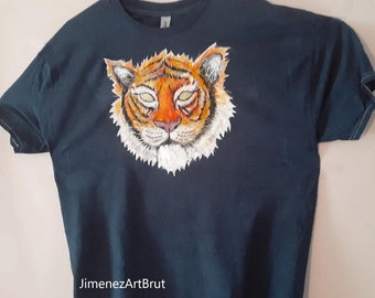 Hand- Painted T-Shirt, Hand-dyed Navy Blue, Original Fabric Painting