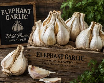 Puede incluir: Varios bulbos grandes de ajo elefante con piel blanca y papirácea están dispuestos en una caja de madera rústica forrada con arpillera. Un pequeño letrero de pizarra dice Elephant Garlic Mild Flavor Easy To Peel en la caja.