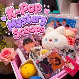 May include: A K-Pop Mystery Scoops collection featuring a white plush bunny, a yellow plastic scoop, and various photo cards of K-Pop idols. The items are decorated with pink and purple accents, including small bows, beads, and glittery frames.