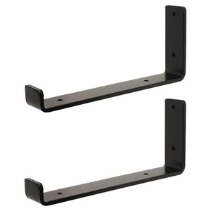 May include: Two identical matte black metal shelf brackets, each featuring an L-shaped design with a vertical mounting plate containing two circular screw holes and a horizontal support arm with two additional screw holes and an upturned end lip.