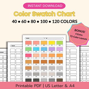 Puede incluir: Una tabla de muestras de color imprimible en PDF con cuadrículas para 40, 60, 80, 100 y 120 colores. El documento incluye casillas etiquetadas con códigos como R1, YR1 y B1, además de una sección extra con 4 diseños de 72 colores en A4.