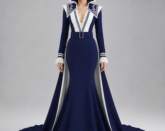 Marineblaues viktorianisches Brautkleid, gotisches Meerjungfrauenkleid im Militärstil, königliches Renaissance-Cosplay-Kostüm