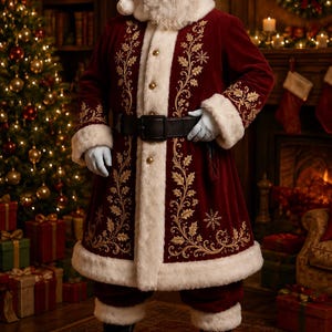 May include: A Santa Claus figure wearing a deep red velvet coat and matching trousers with thick white faux fur trim. The coat features intricate gold embroidery of holly leaves and snowflakes, a black leather belt, and black leather boots.
