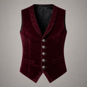 May include: A deep burgundy velvet waistcoat featuring a shawl collar with an intricate tonal scrollwork pattern. The garment includes five silver-toned metallic buttons down the front closure and two horizontal welt pockets on the lower front panels.